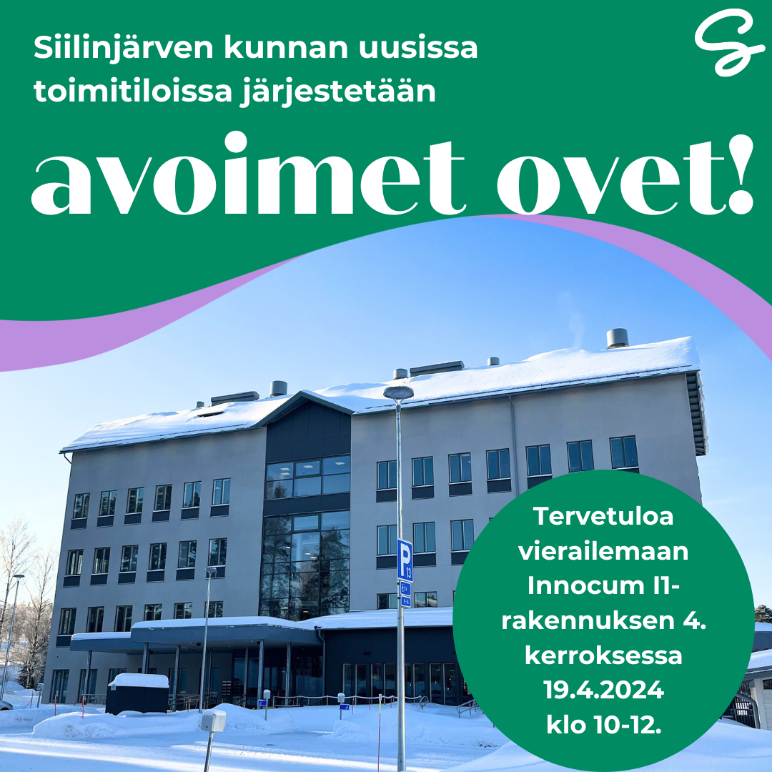 Kuva, jossa tekstinä Siilinjärven kunnan uusissa toimitiloissa järjestetään avoimet ovet! Tervetuloa vierailemaan Innocum I1-rakennuksen 4. kerroksessa 19.4.2024 klo 10-12 ja kuva uudesta Innocumin rakennuksesta.