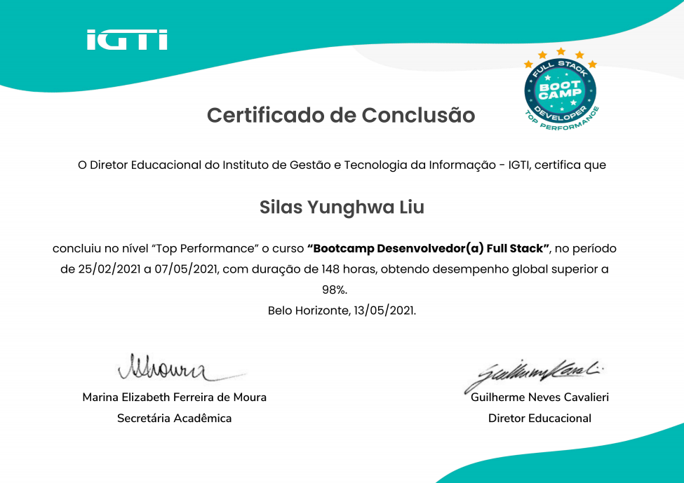Instituto de Gestão e Tecnologia da Informação — Fullstack Developer (Top Performance) certificate
