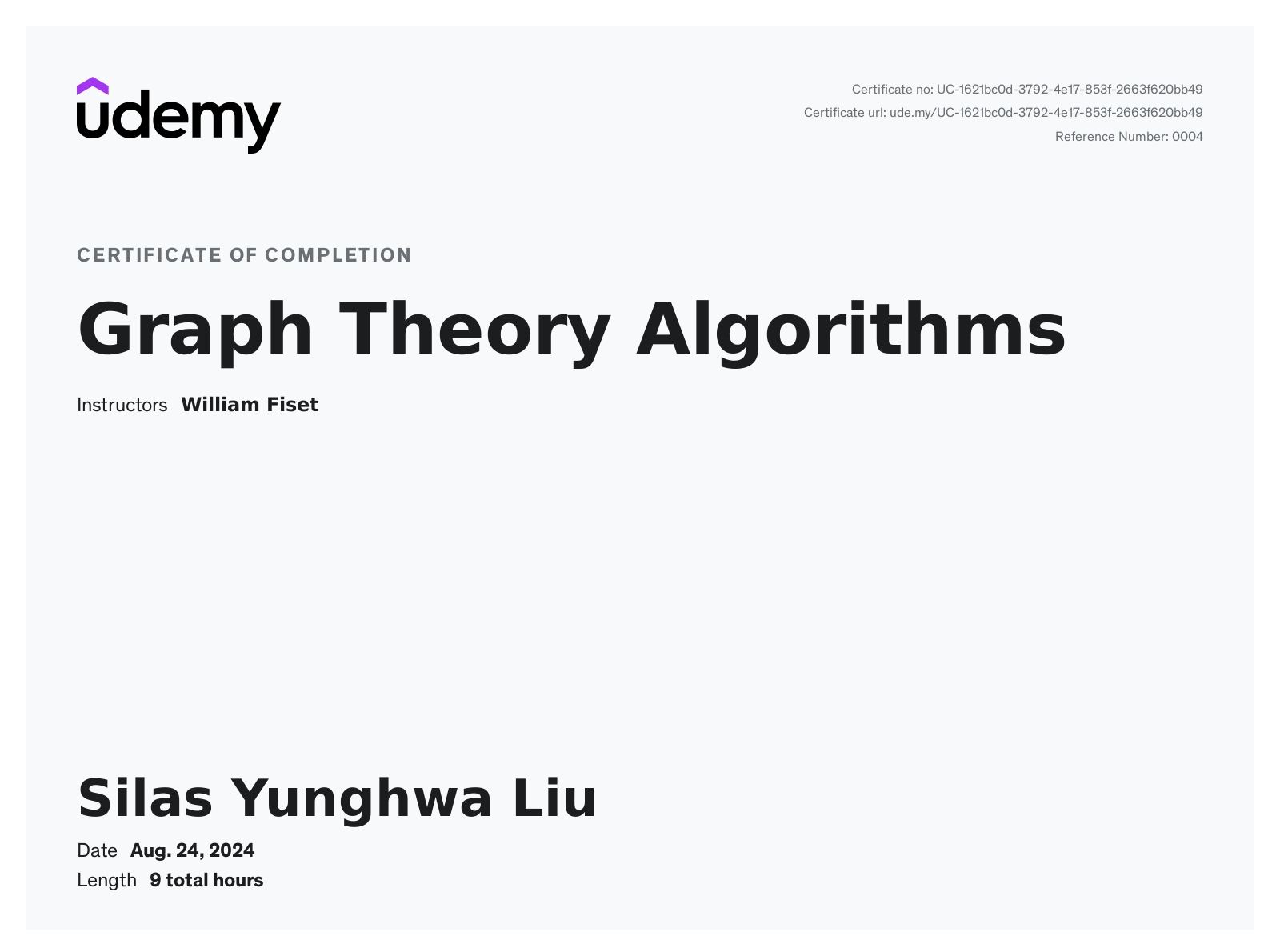 Udemy — Graph Theory Algorithms certificate