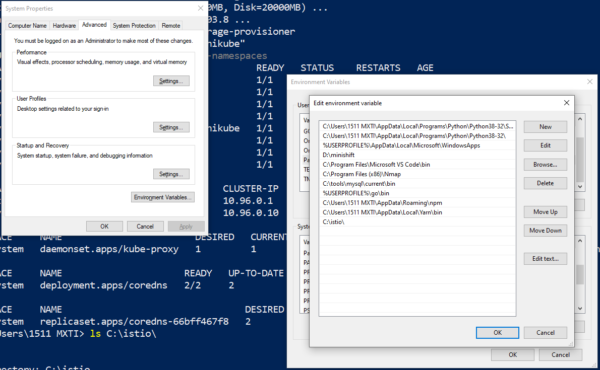 Nessa imagem e mostrado o caminho C:/istio incluido dentro da variable PATH do windows