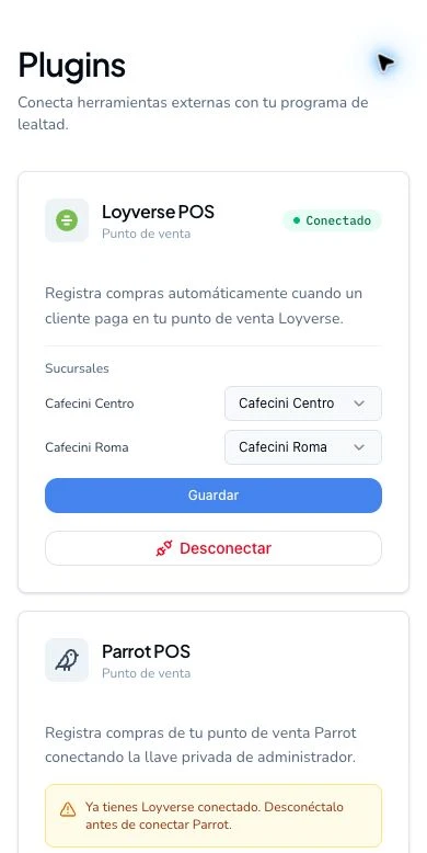 Tarjetas de Loyverse y Parrot en la pantalla de Plugins