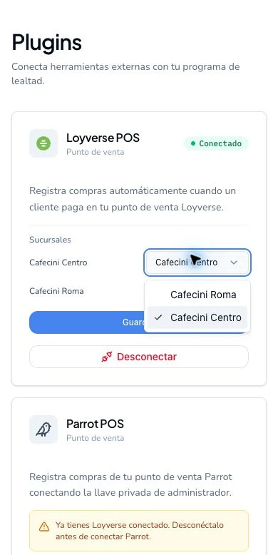 Sección de sucursales con cada tienda de Loyverse asignada