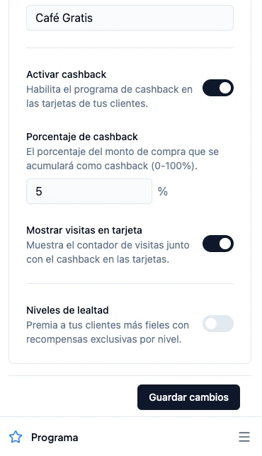 Sección de cashback con el porcentaje configurado