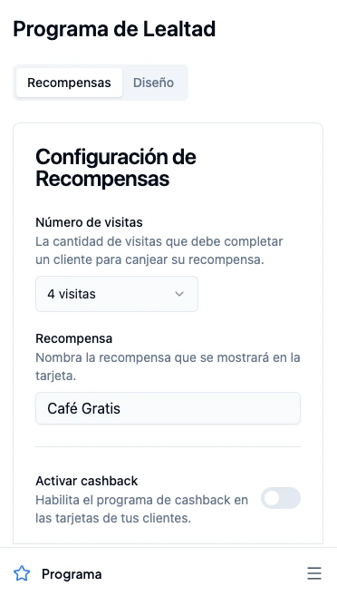 Sección de visitas y recompensa en la configuración del programa