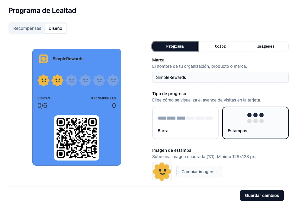 Selector de tipo de progreso con la opción de estampas activa