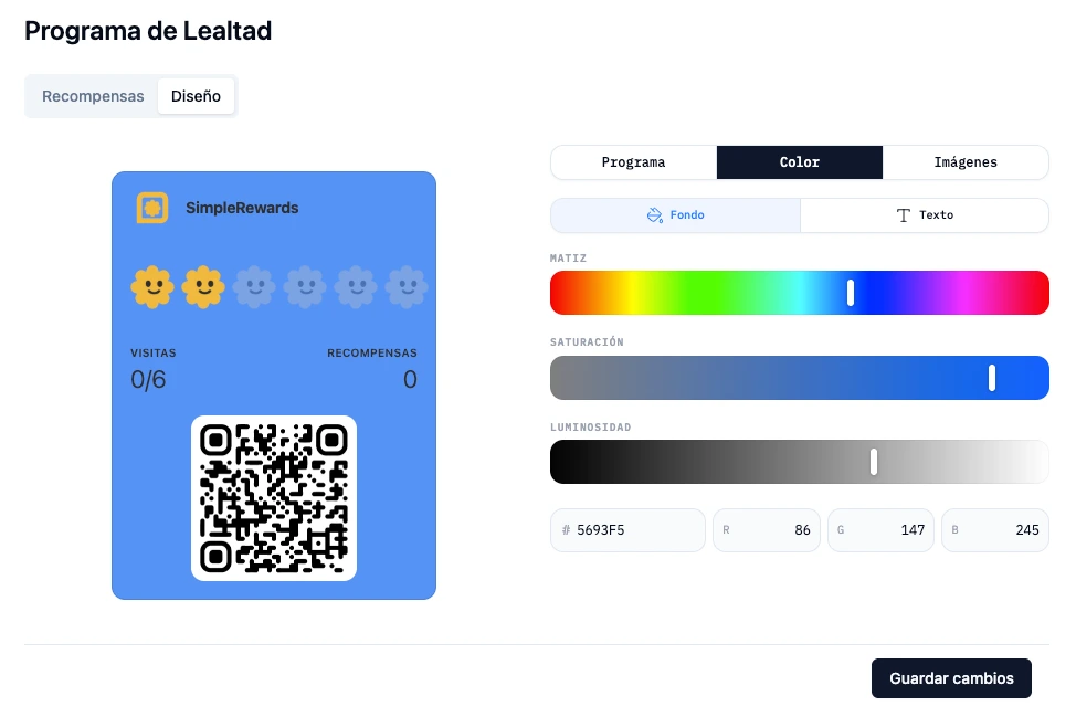Panel de color con los deslizadores y la vista previa de la tarjeta