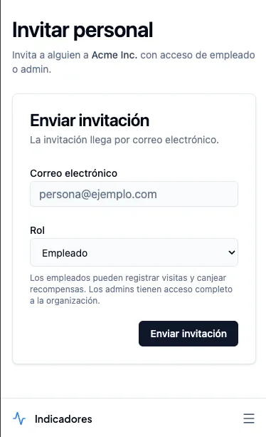 Pantalla Invitar personal con el formulario de correo y rol