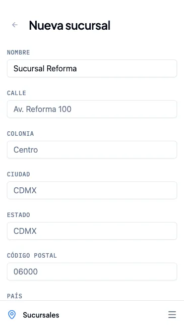 Formulario de nueva sucursal con los campos de dirección