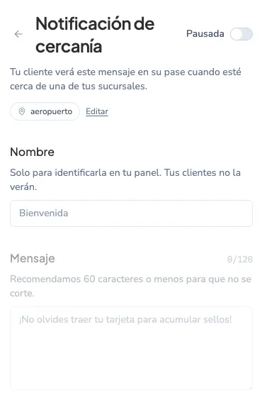 Pantalla de configuración de Cercanía con el formulario de nombre y mensaje
