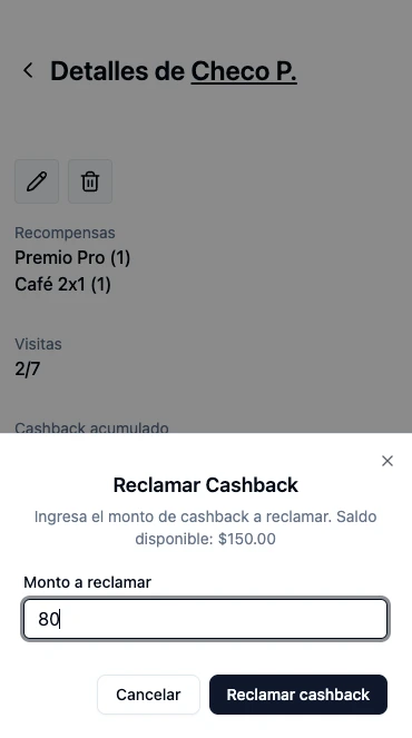 Ventana para reclamar cashback con el saldo disponible