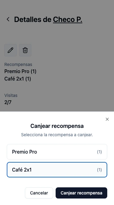 Ventana para seleccionar la recompensa a canjear