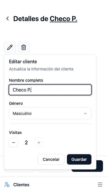Panel de edición de cliente con los campos de nombre y género