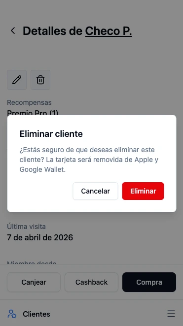 Aviso de confirmación para eliminar un cliente