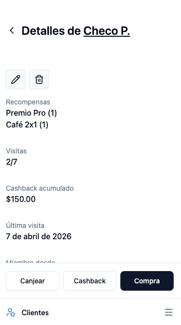 Perfil de cliente con los botones de operaciones