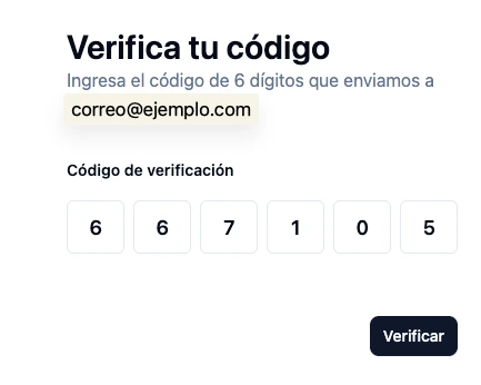 Pantalla para verificar el código de 6 dígitos