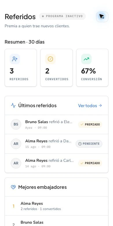 Pantalla de referidos con el resumen y los mejores embajadores