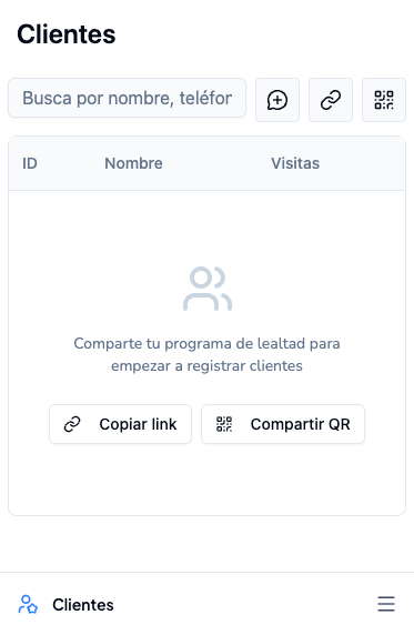 Botones de compartir enlace y QR en la parte superior de Clientes