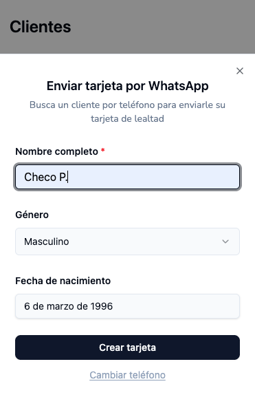 Flujo de WhatsApp con el formulario de creación de tarjeta