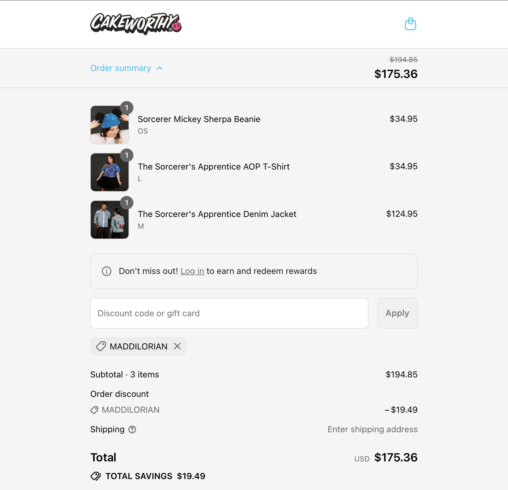 Cakeworthy discount code screenshot showing code MADDILORIAN applied at Cakeworthy checkout page. Uploaded by SimplyCodes community member Geraldine_09 on Jul 8, 2025