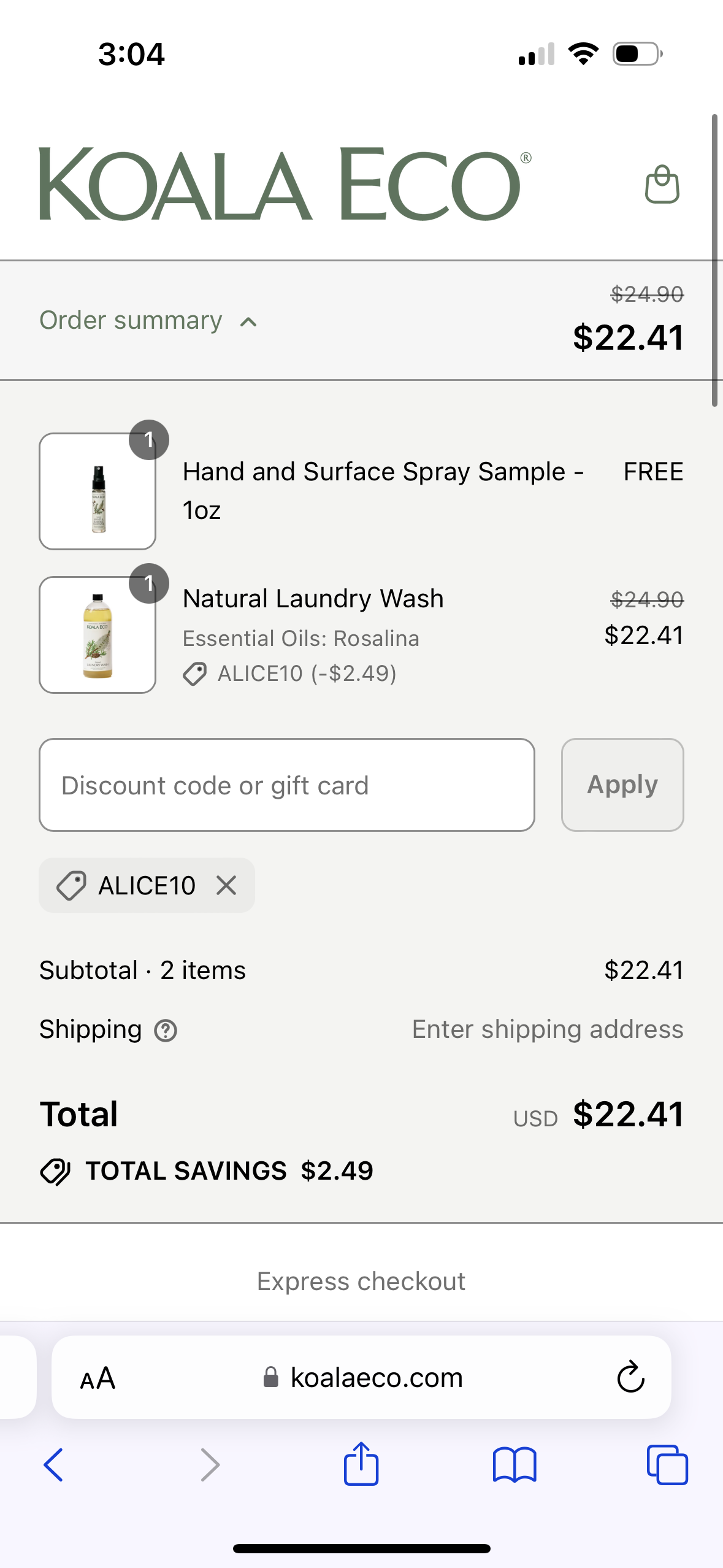 USA Koala Eco promo code screenshot showing code ALICE10 applied at USA Koala Eco checkout page. Uploaded by SimplyCodes community member SavvySentinel4540 on Jul 23, 2025