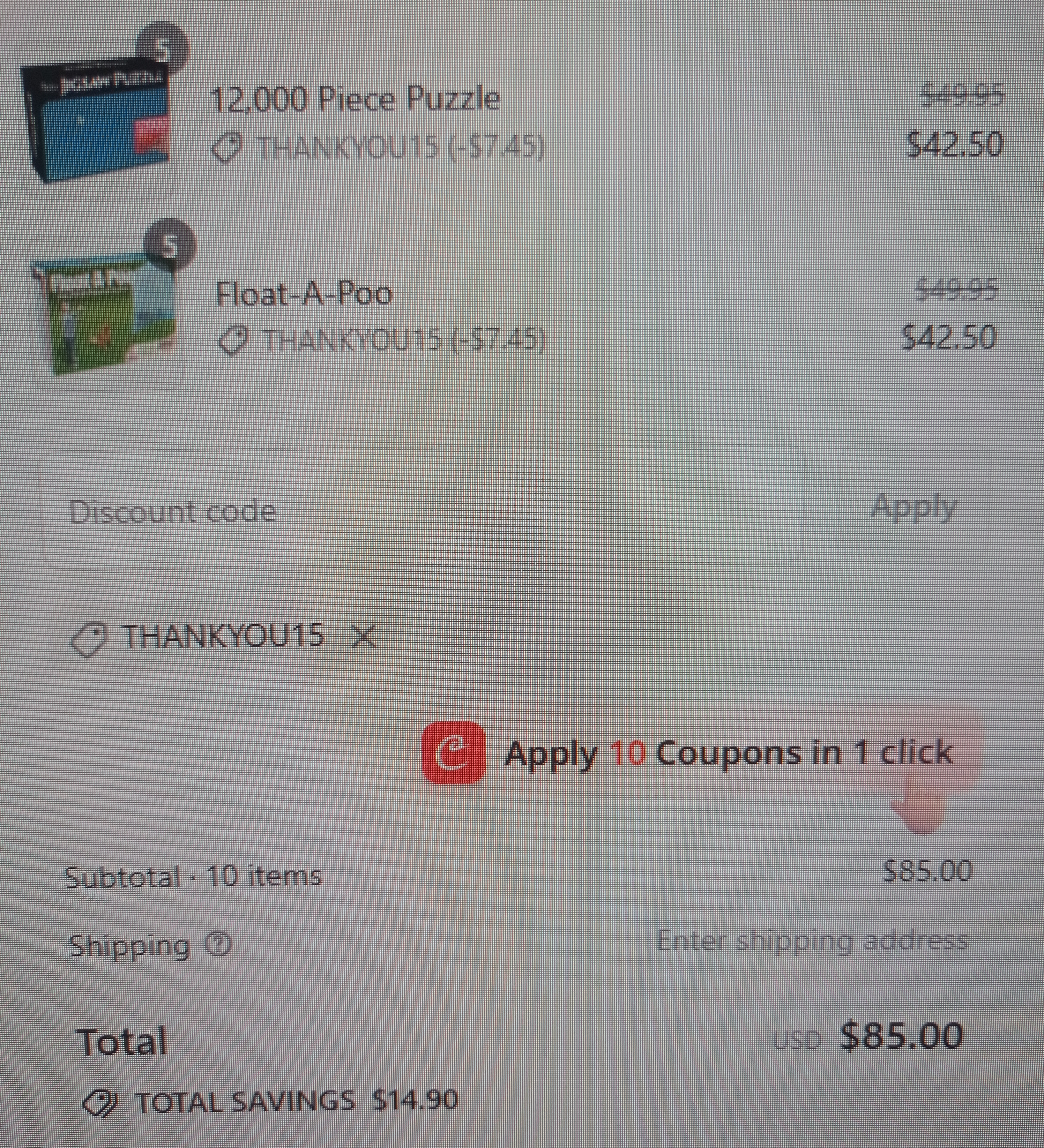 THANKYOU15 coupon verification screenshot