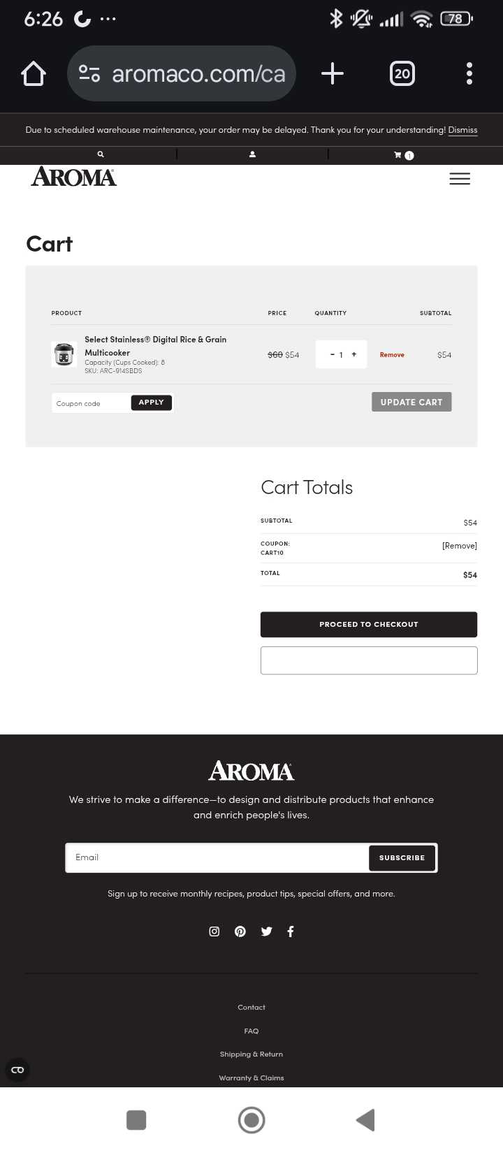 Aroma Housewares coupon verification screenshot