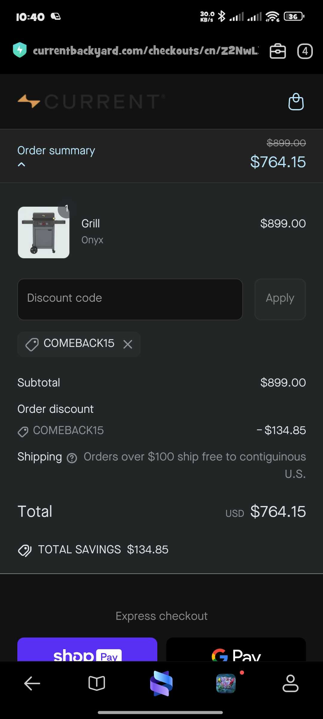 Current Backyard promo code screenshot showing code COMEBACK15 applied at Current Backyard checkout page. Uploaded by SimplyCodes community member aquilesbailo on May 1, 2025
