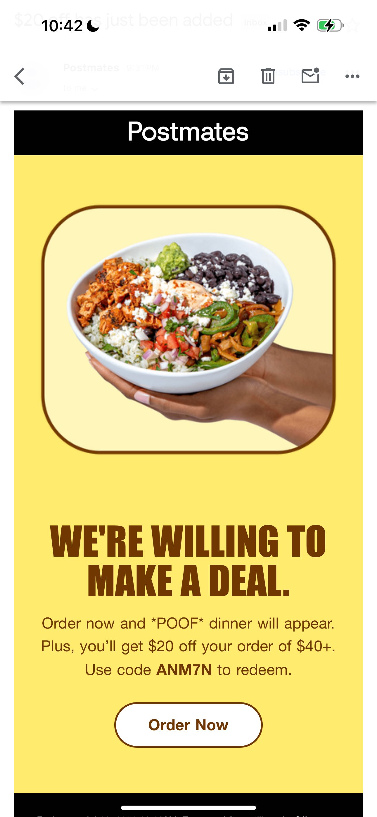 Postmates coupon verification screenshot
