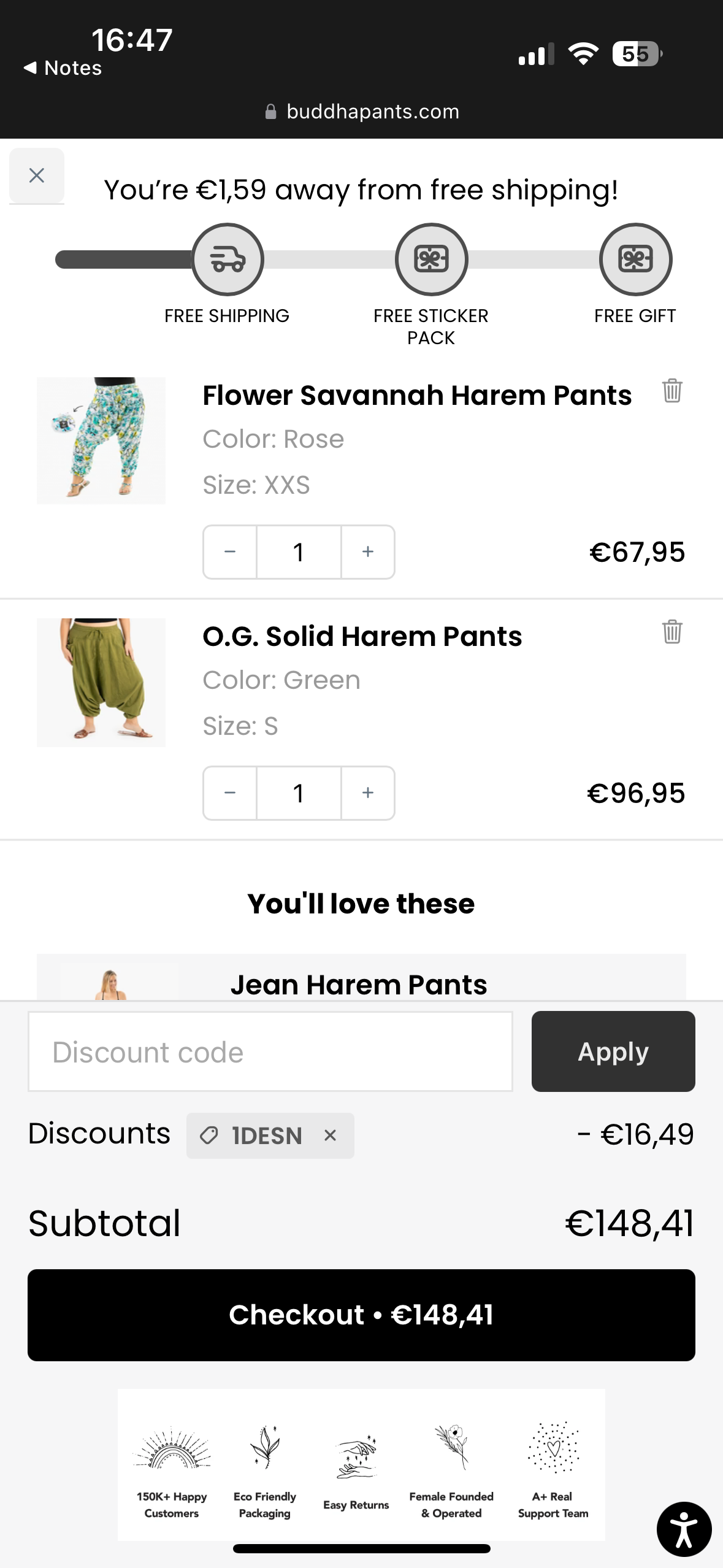 Buddha Pants promo code screenshot showing code 1DESN applied at Buddha Pants checkout page. Uploaded by SimplyCodes community member FFPINK on Apr 17, 2025