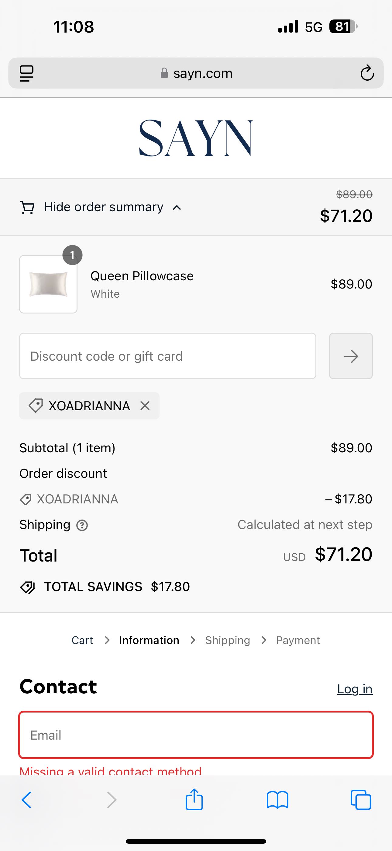 XOADRIANNA coupon verification screenshot