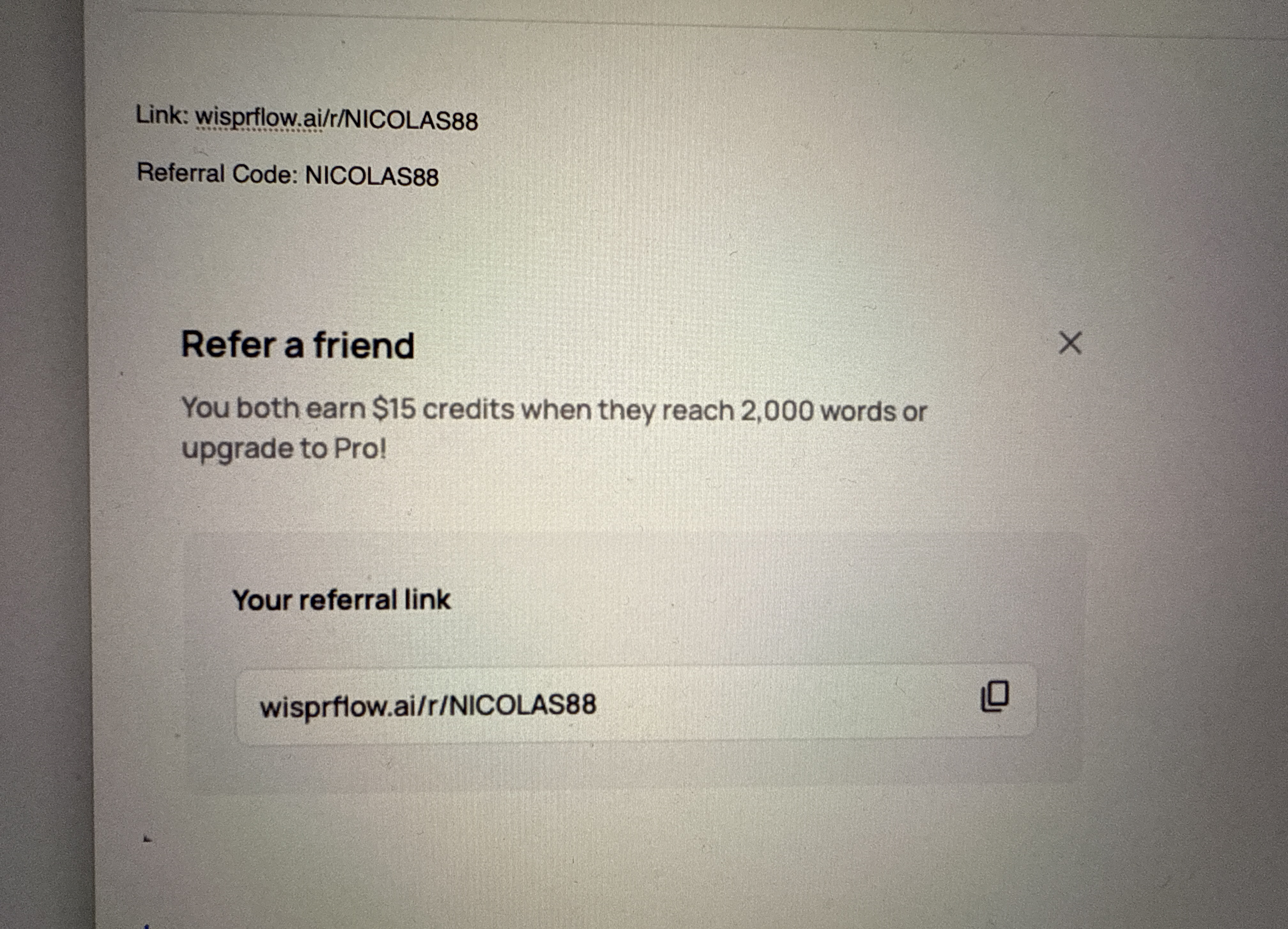 Wispr Flow promo code screenshot showing code NICOLAS88 applied at Wispr Flow checkout page. Uploaded by SimplyCodes community member Nico123456789 on Apr 25, 2025