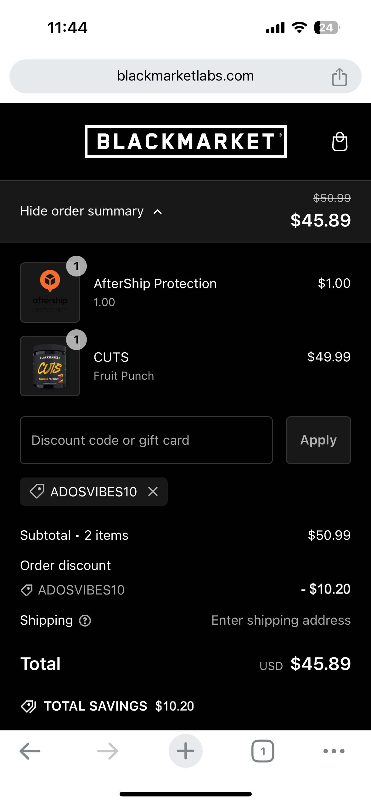 ADOSVIBES10 coupon verification screenshot