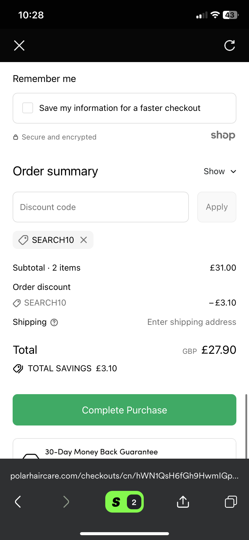 Polar Haircare discount code screenshot showing code SEARCH10 applied at Polar Haircare checkout page. Uploaded by SimplyCodes community member RewardSaver778 on Aug 5, 2025