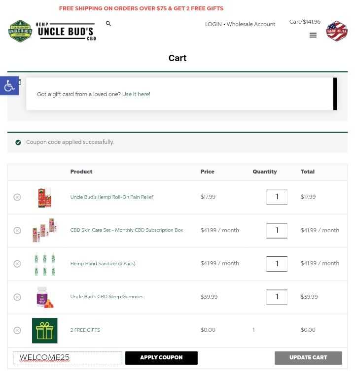 WELCOME25 coupon verification screenshot