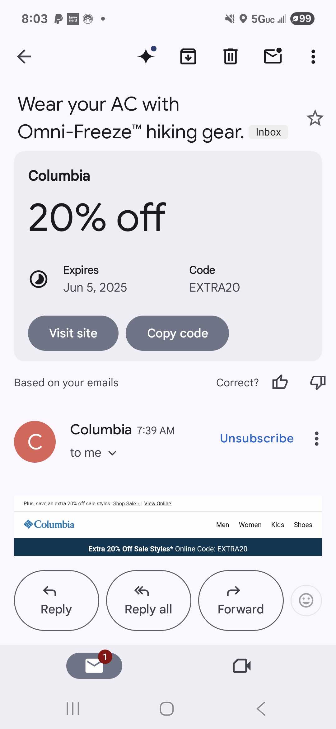 Columbia Sportswear promo code screenshot showing code EXTRA20 applied at Columbia Sportswear checkout page. Uploaded by SimplyCodes community member crp111 on May 31, 2025