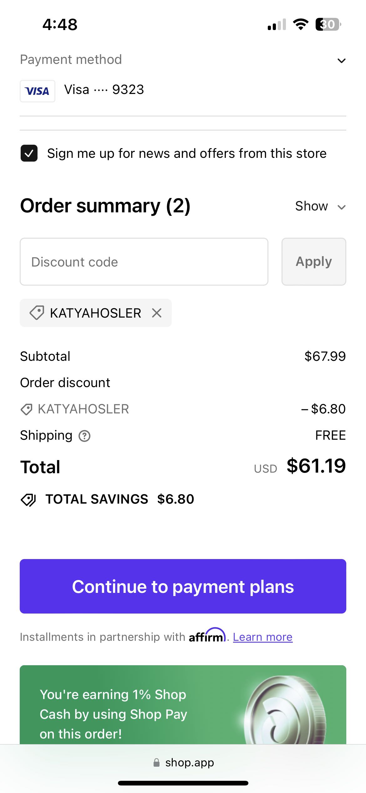 KATYAHOSLER coupon verification screenshot