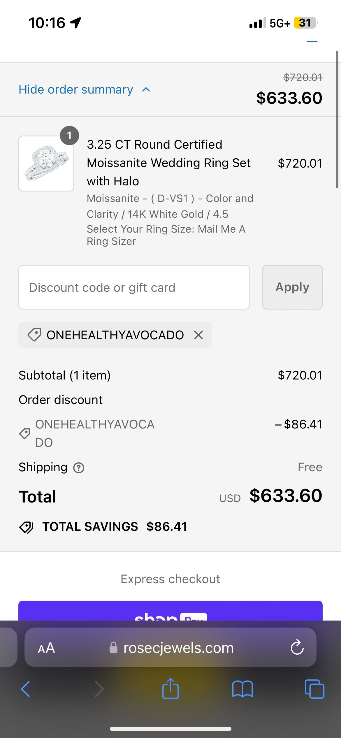 ONEHEALTHYAVOCADO coupon verification screenshot