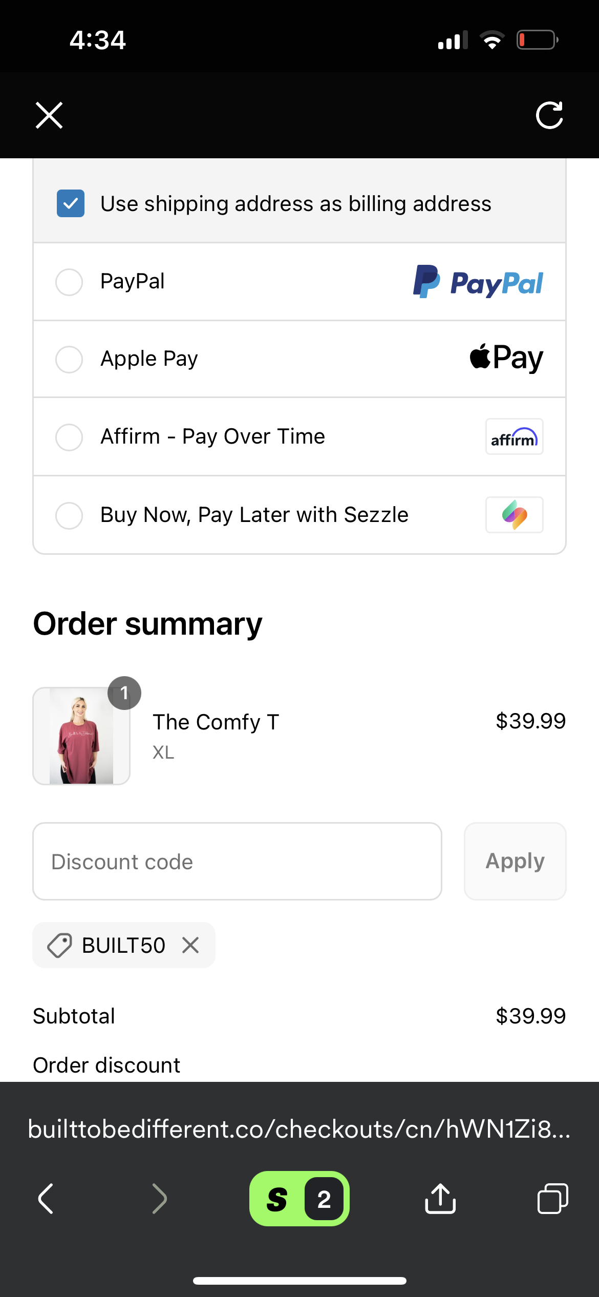 BUILT50 coupon verification screenshot