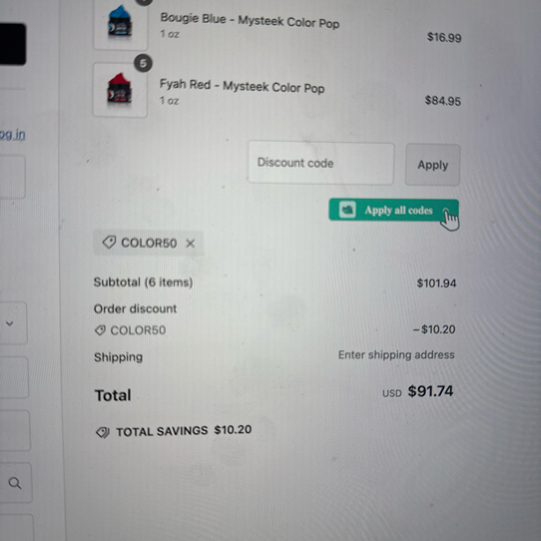 COLOR50 coupon verification screenshot