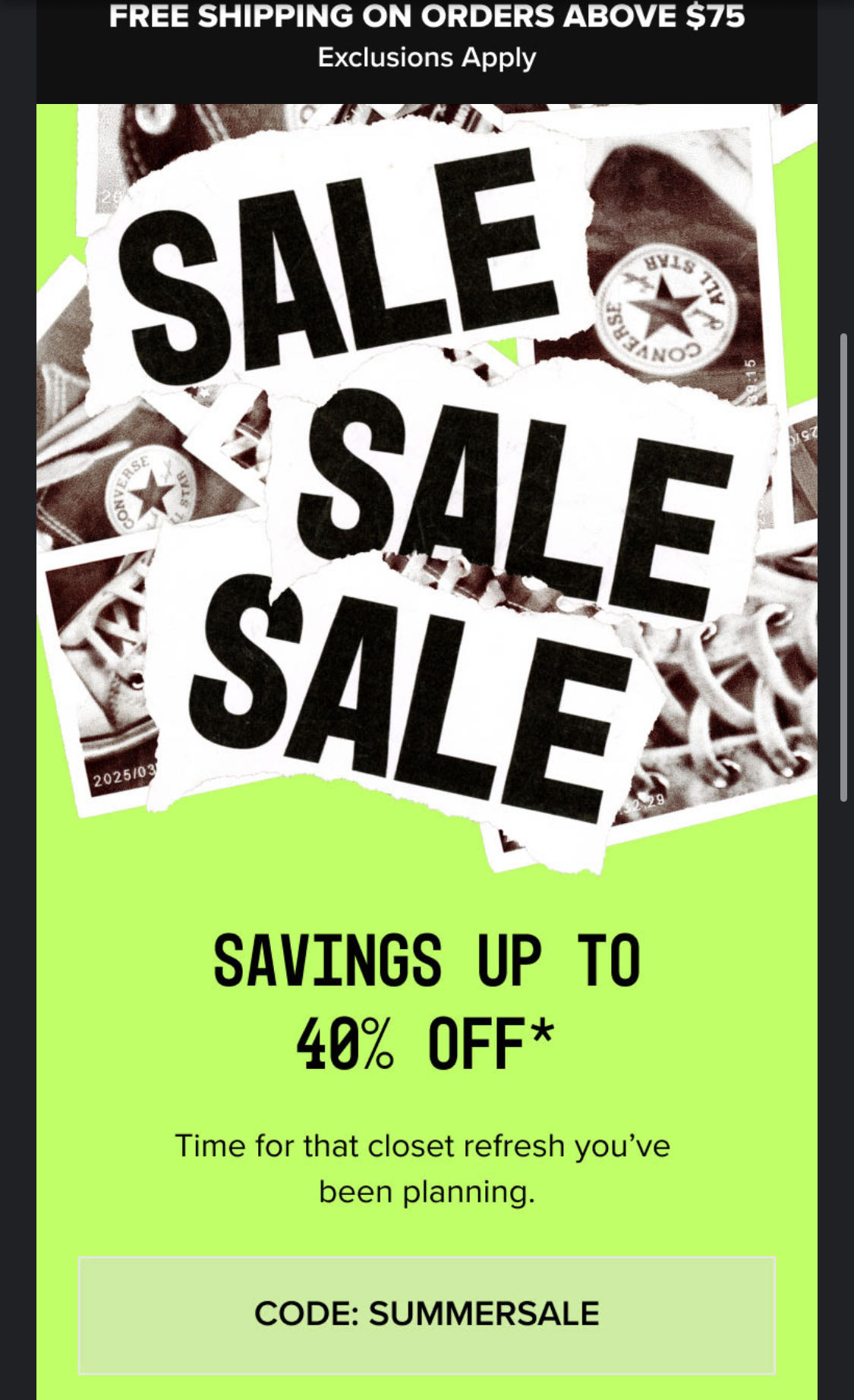 Converse promo code screenshot showing code SUMMERSALE applied at Converse checkout page. Uploaded by SimplyCodes community member GoodTimez on Jul 20, 2025