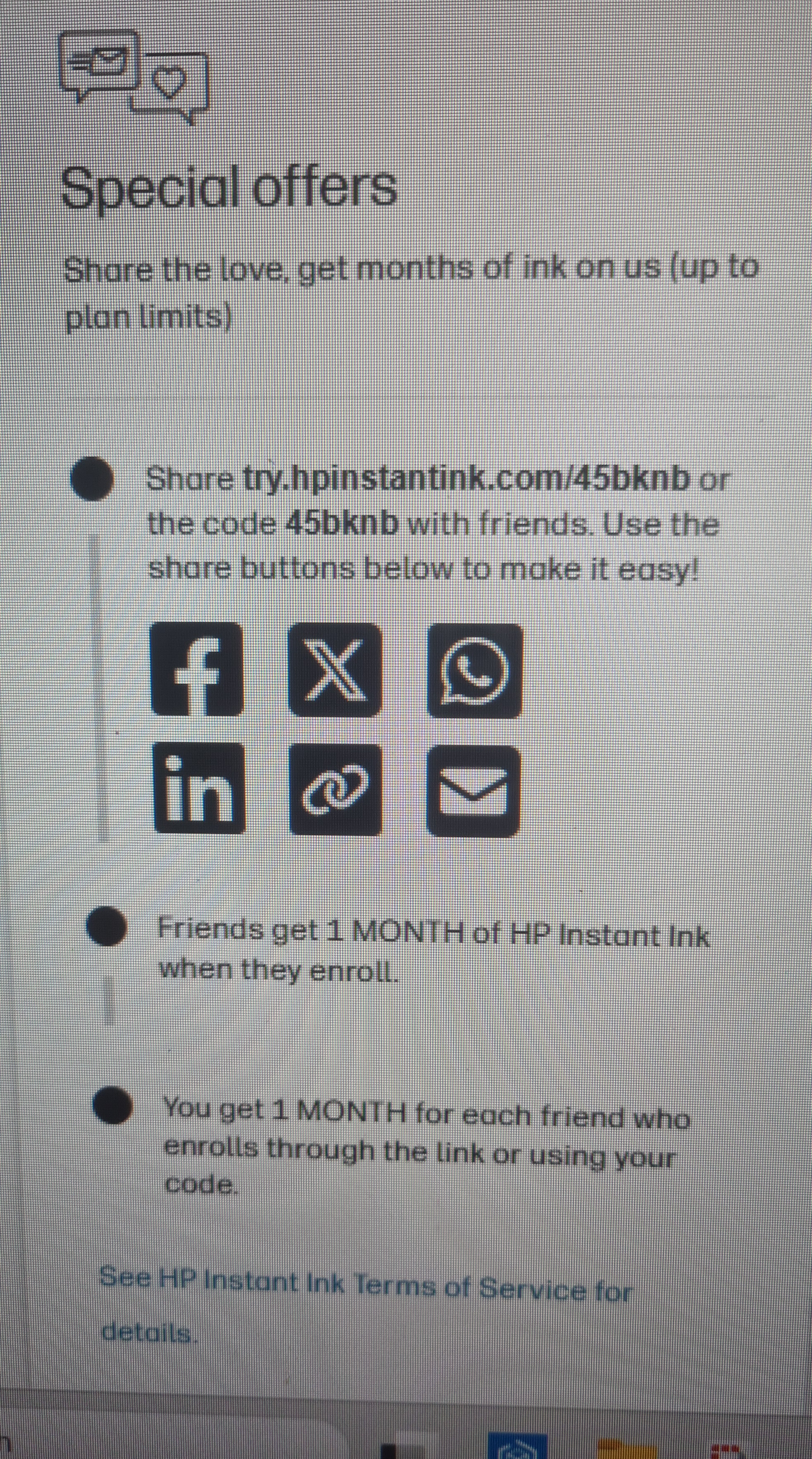 HP Instant Ink promo code screenshot showing code 45bknb applied at HP Instant Ink checkout page. Uploaded by SimplyCodes community member CleverHunter871 on May 1, 2025