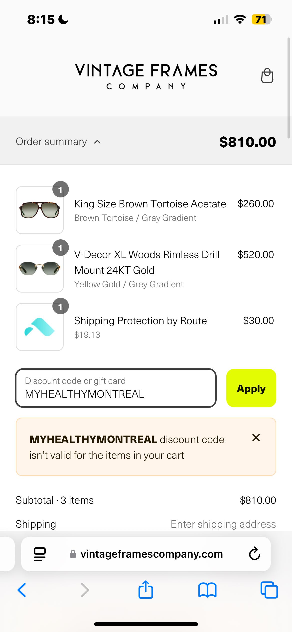 MYHEALTHYMONTREAL coupon verification screenshot