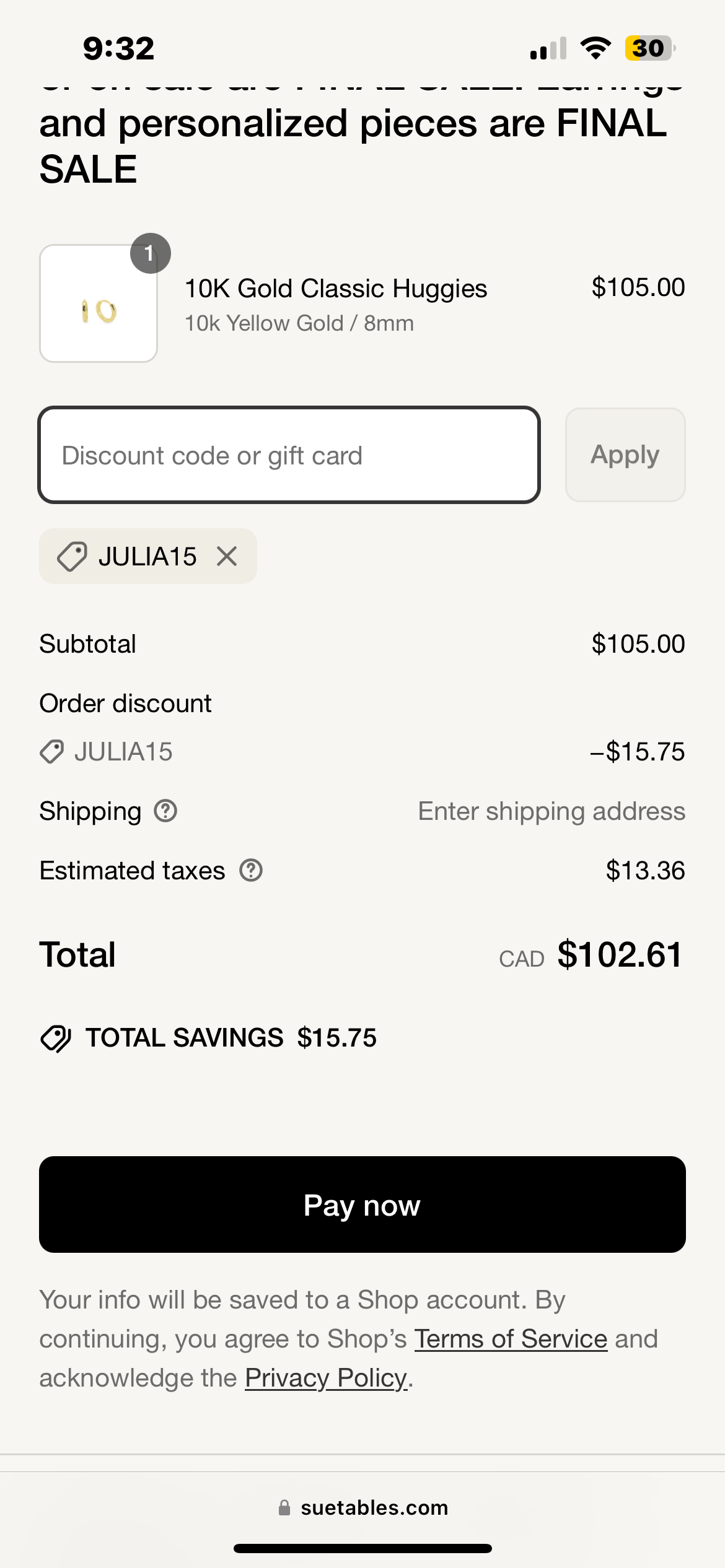 JULIA15 coupon verification screenshot