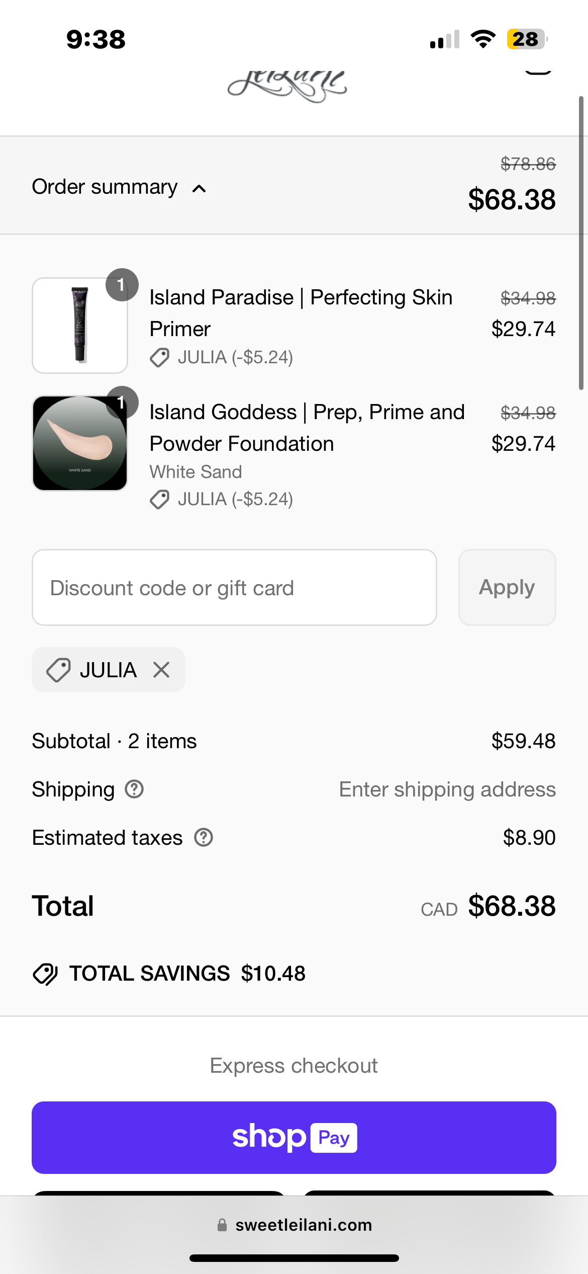 JULIA coupon verification screenshot