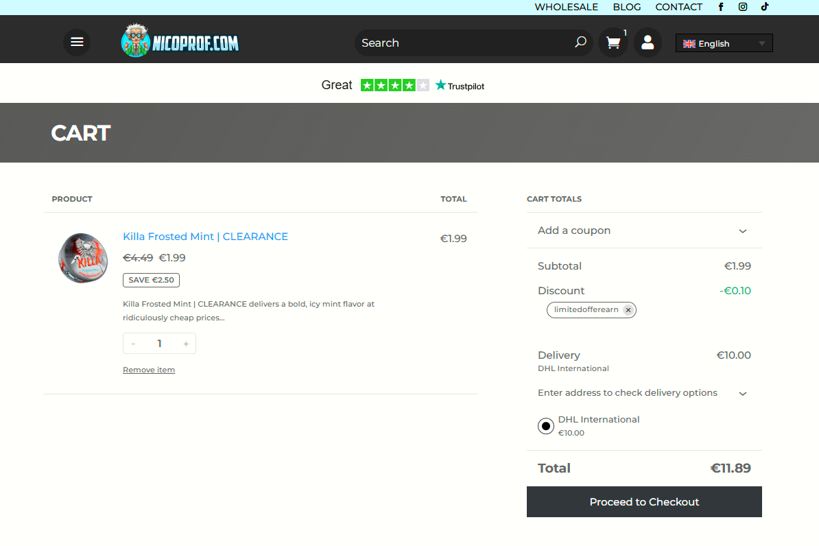 NICOPROF coupon verification screenshot