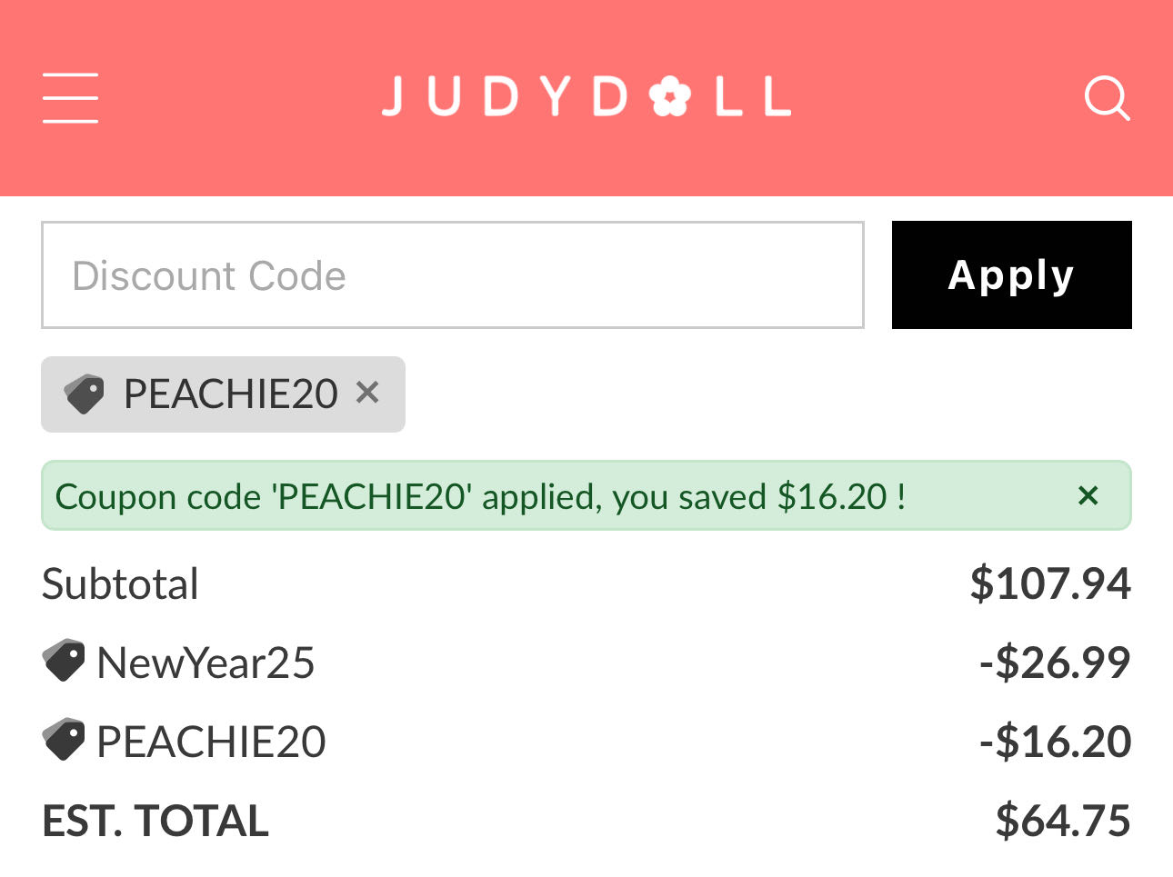 Judydoll discount code screenshot showing code PEACHIE20 applied at Judydoll checkout page. Uploaded by SimplyCodes community member CoinEagle2690 on Apr 1, 2025