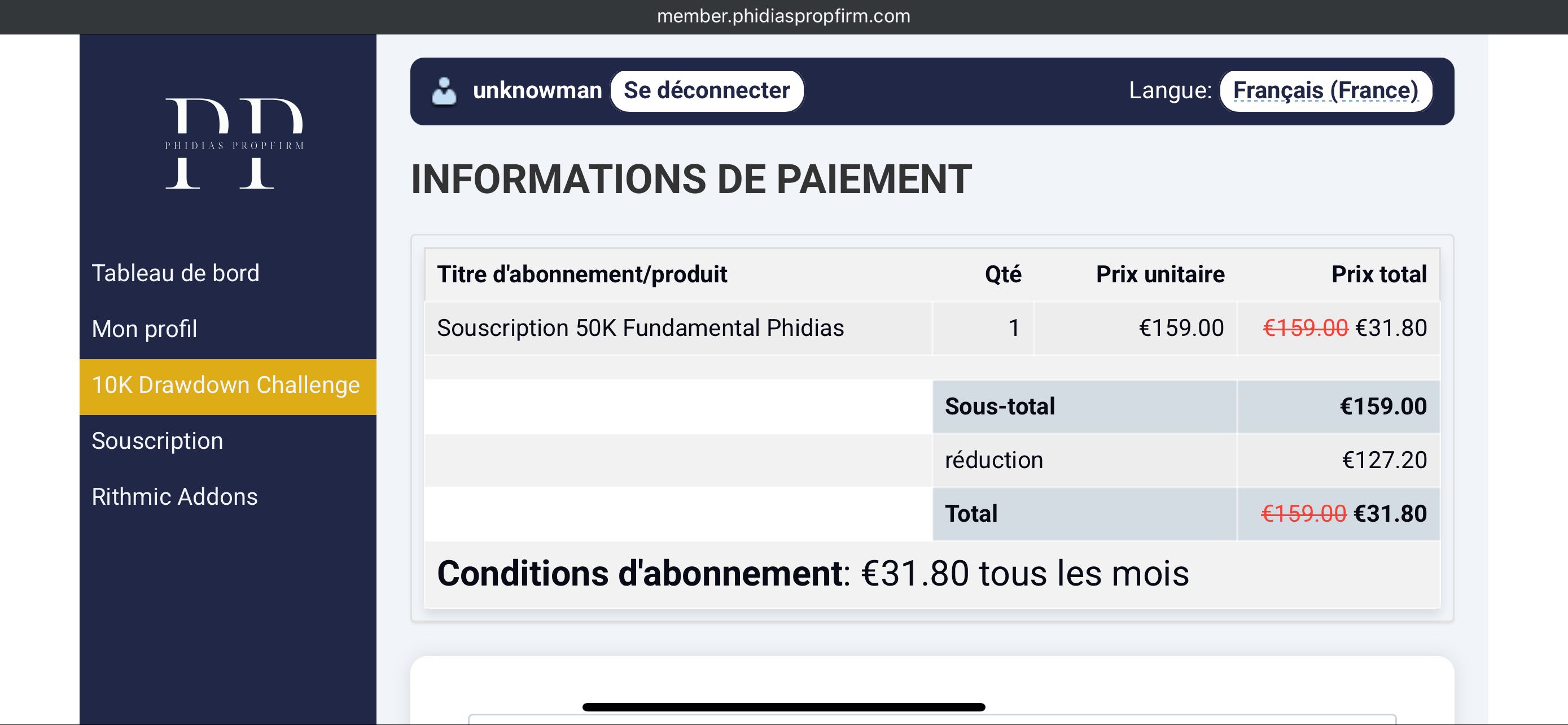 Phidias Propfirm coupon verification screenshot
