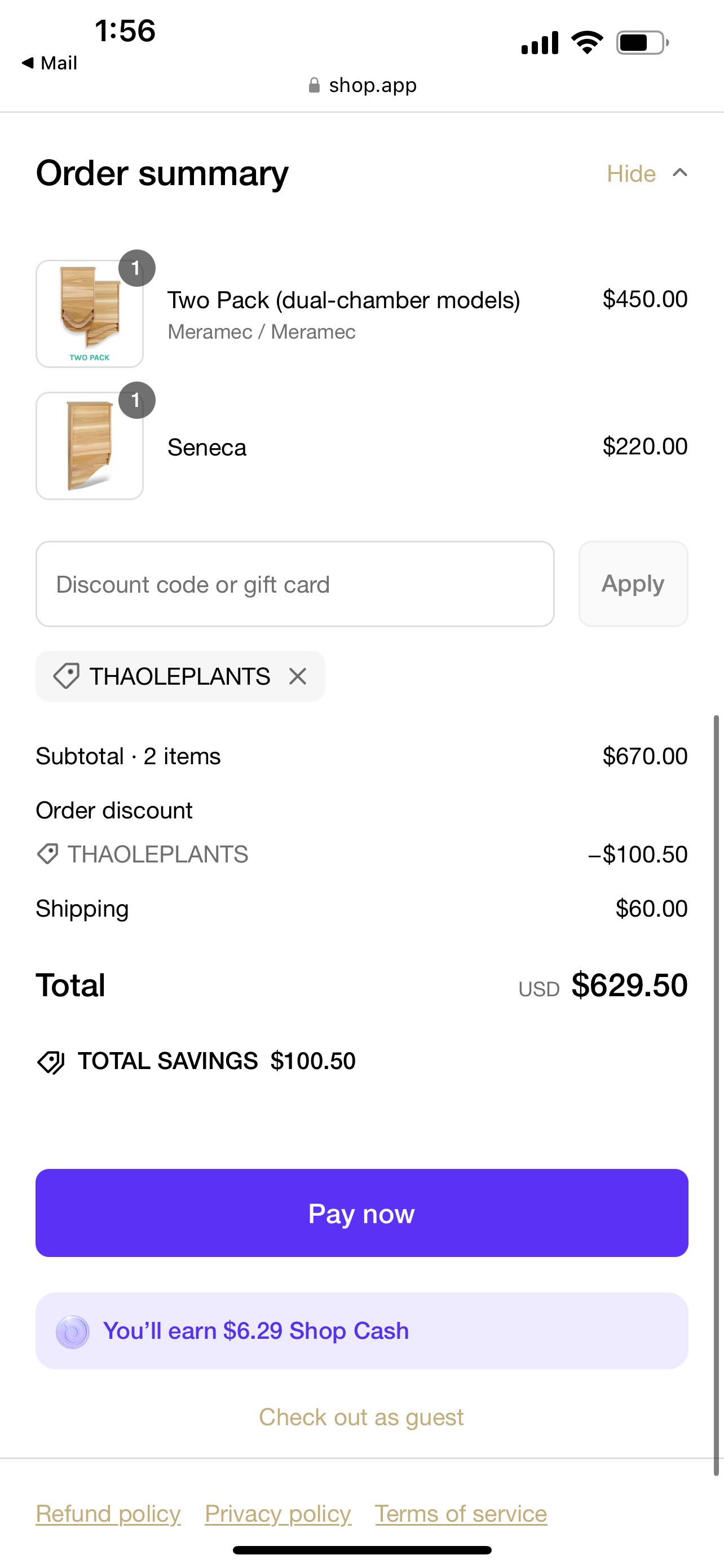 THAOLEPLANTS coupon verification screenshot
