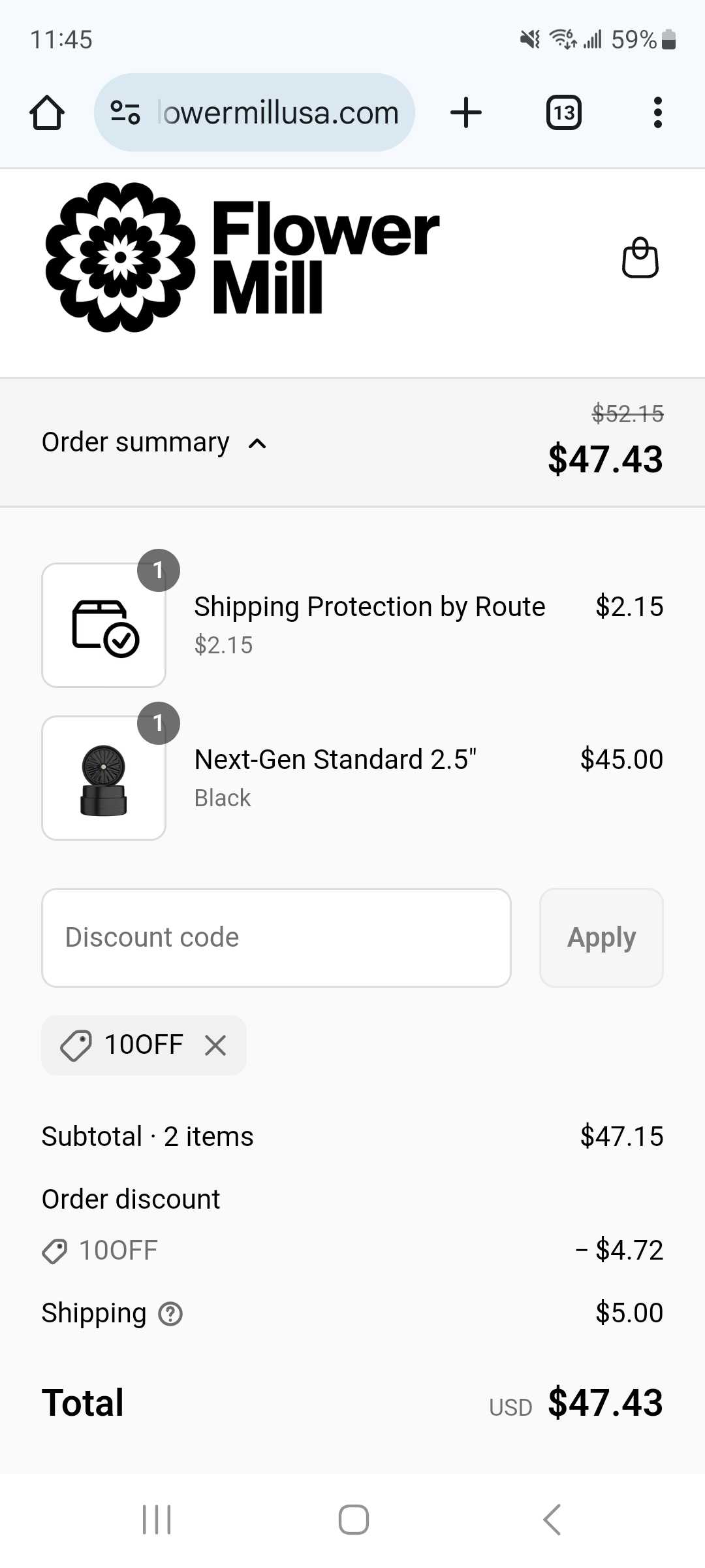 Flower Mill coupon verification screenshot