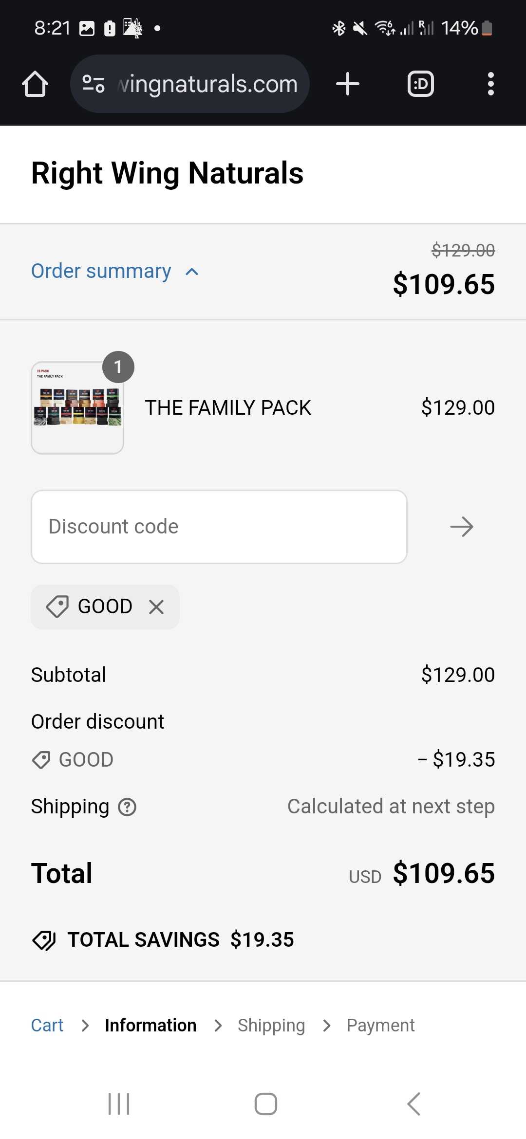 Right Wing Naturals coupon verification screenshot